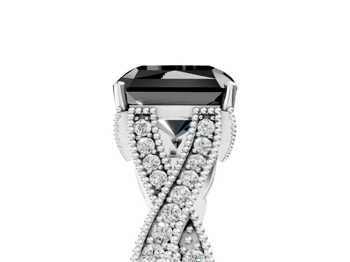 Fancy Black Radiant Cut Cut Diamond Twisted Band with Milgrain Pave Setting and Four-Prong Setting Platinum
