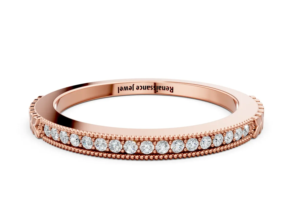 Round Cut Diamond Pavé Set Milgrain Edge Eternity Band Rose gold