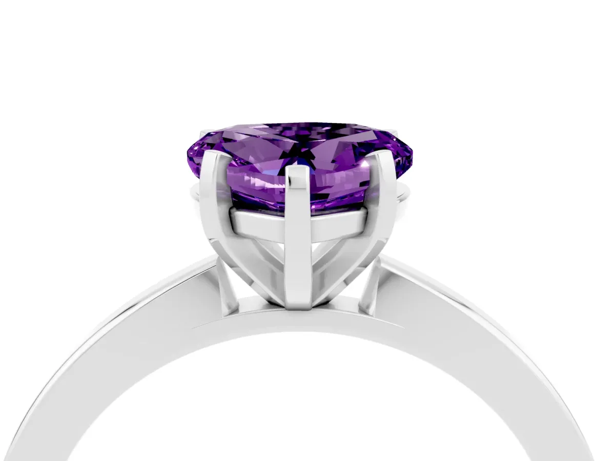 Heart Cut Amethyst Solitaire Engagement Ring with Classic Band and Four-Prong Setting Silver