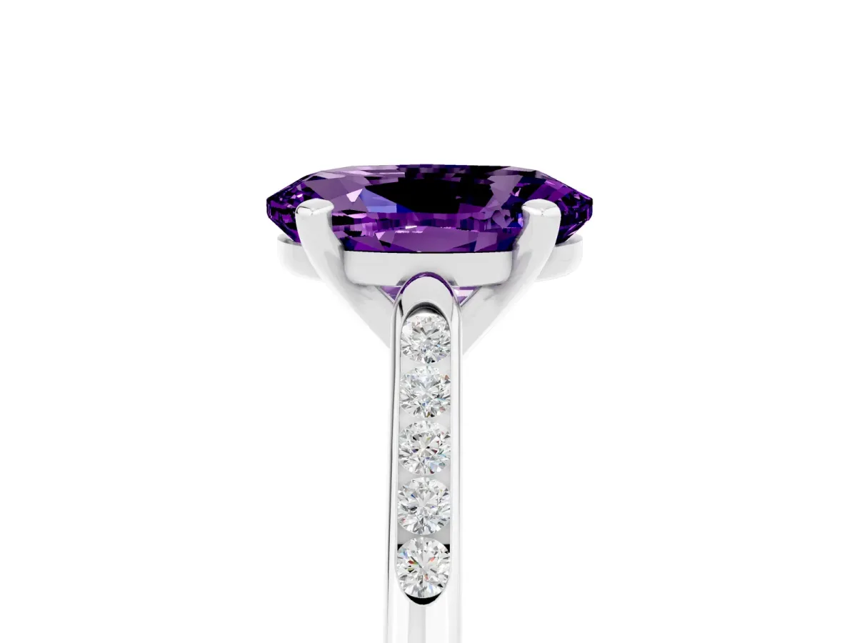 Oval Cut Amethyst Solitaire Ring with Channel Set Round Band and Prong Setting Silver