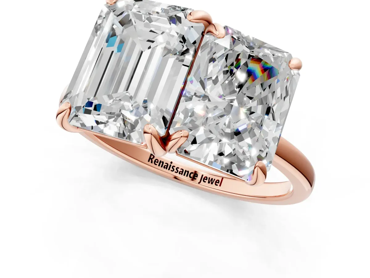 Emerald and Radiant Toi Moi Ring with Prong Setting and Plain Band Rose gold