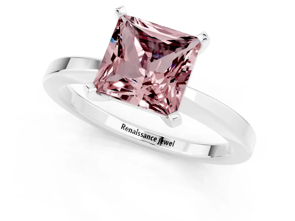 Princess Cut Morganite Solitaire Engagement Ring with Classic Band and Four-Prong Setting Silver