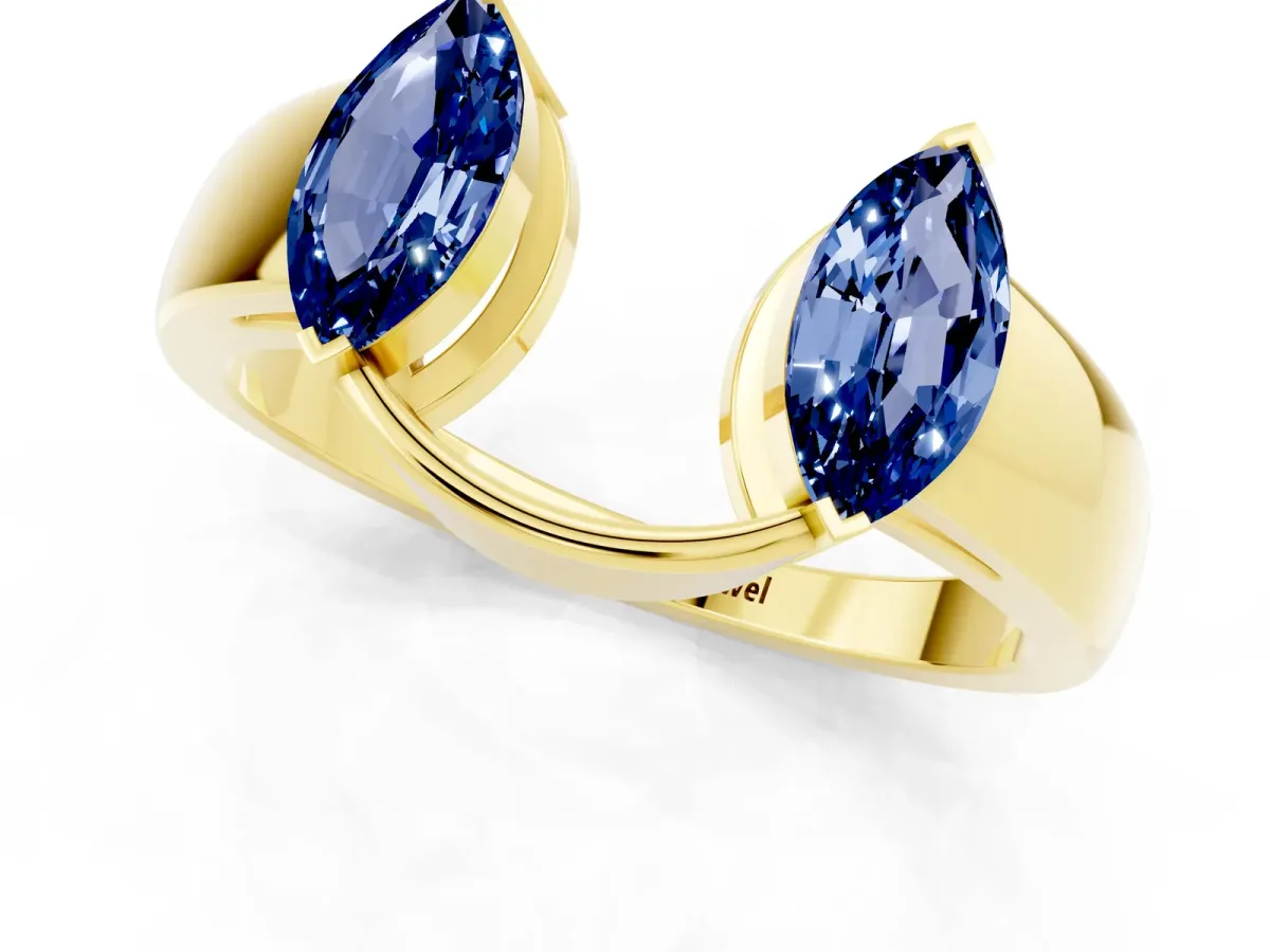 Marquise Blue Sapphire Open Band Ring with Tension Setting Yellow gold