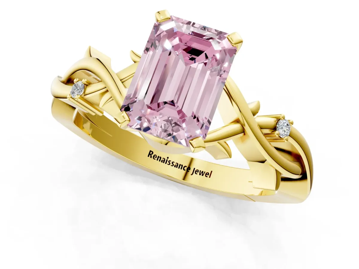Fancy Pink Emerald Cut Diamond Solitaire Ring with Twisted Band and Prong Setting Yellow gold