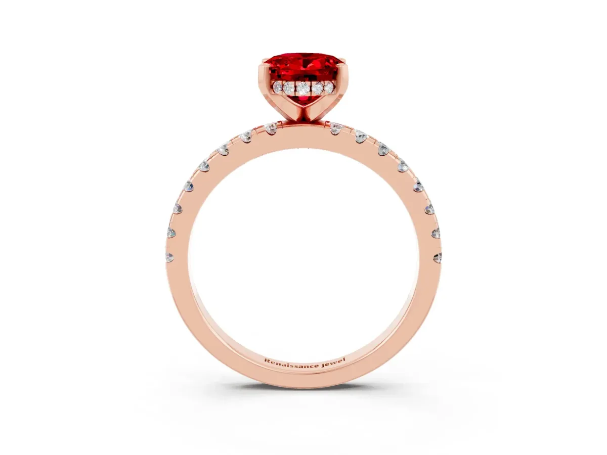 Oval Cut Ruby Solitaire Ring with Round Pavé Band and Four-Prong Setting Rose gold