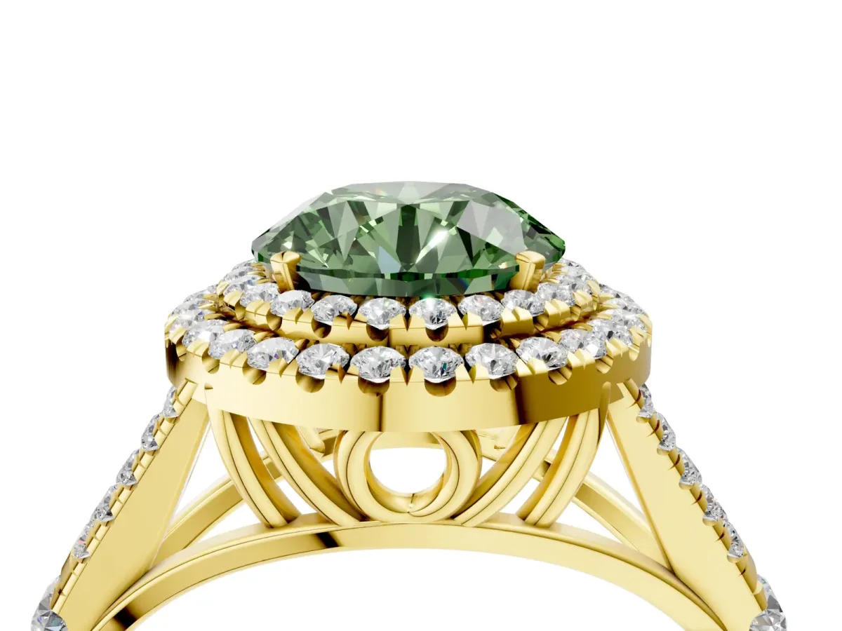 Fancy Green Round Cut Diamond Double Halo Ring with Split Shank and Prong Setting Yellow gold