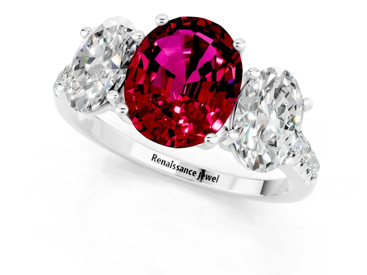 Three-Stone Oval Cut Garnet Ring with Round Pavé Band and Prong Setting Silver