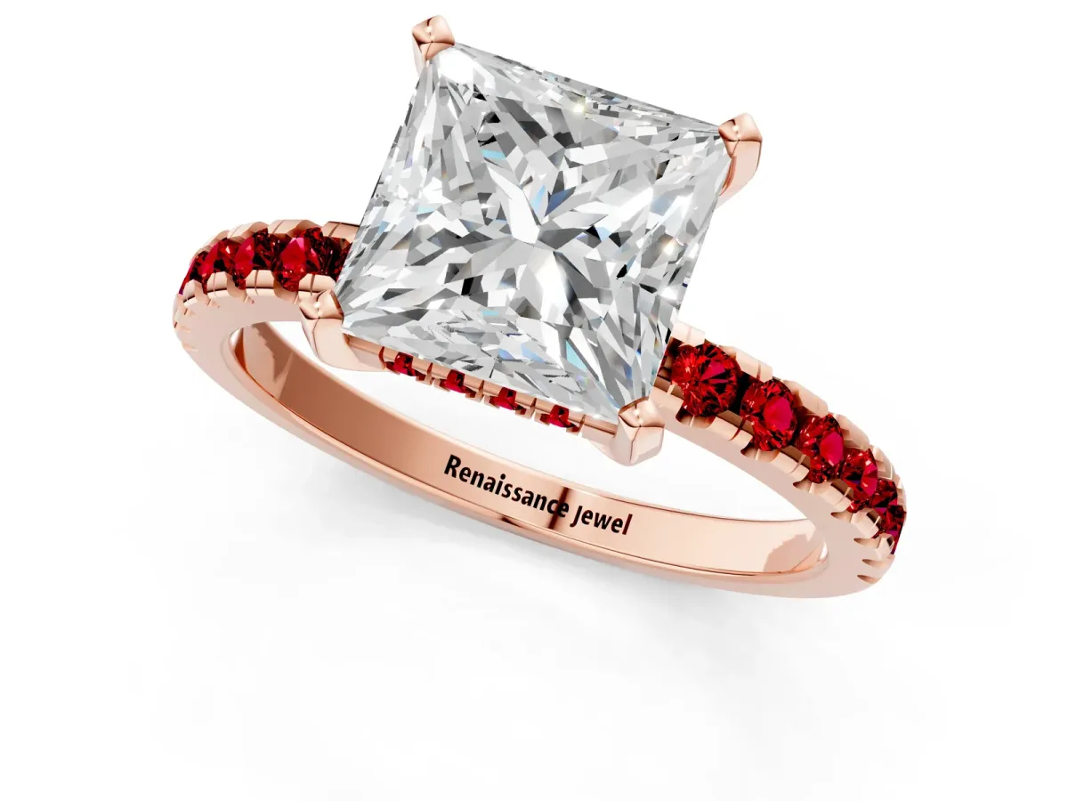 Princess Cut Diamond Solitaire Ring with Round Ruby Pavé Band and Four-Prong Setting Rose gold
