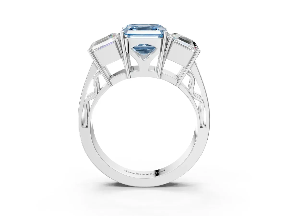 Fancy Blue Asscher Cut Diamond Three-Stone Ring with Prong Setting and Textured Band Platinum