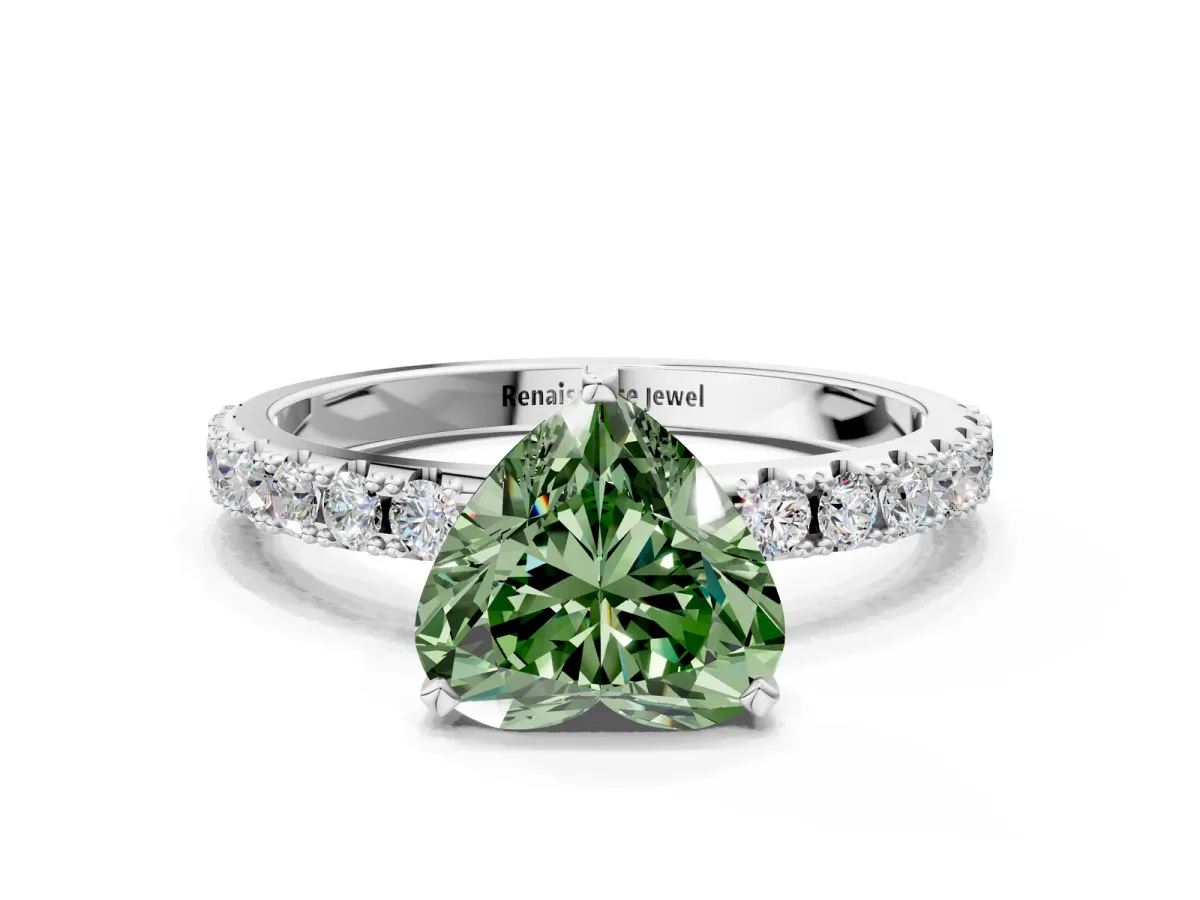 Fancy Green Heart Cut Diamond Solitaire Pavé Band with Four-Prong Setting Silver