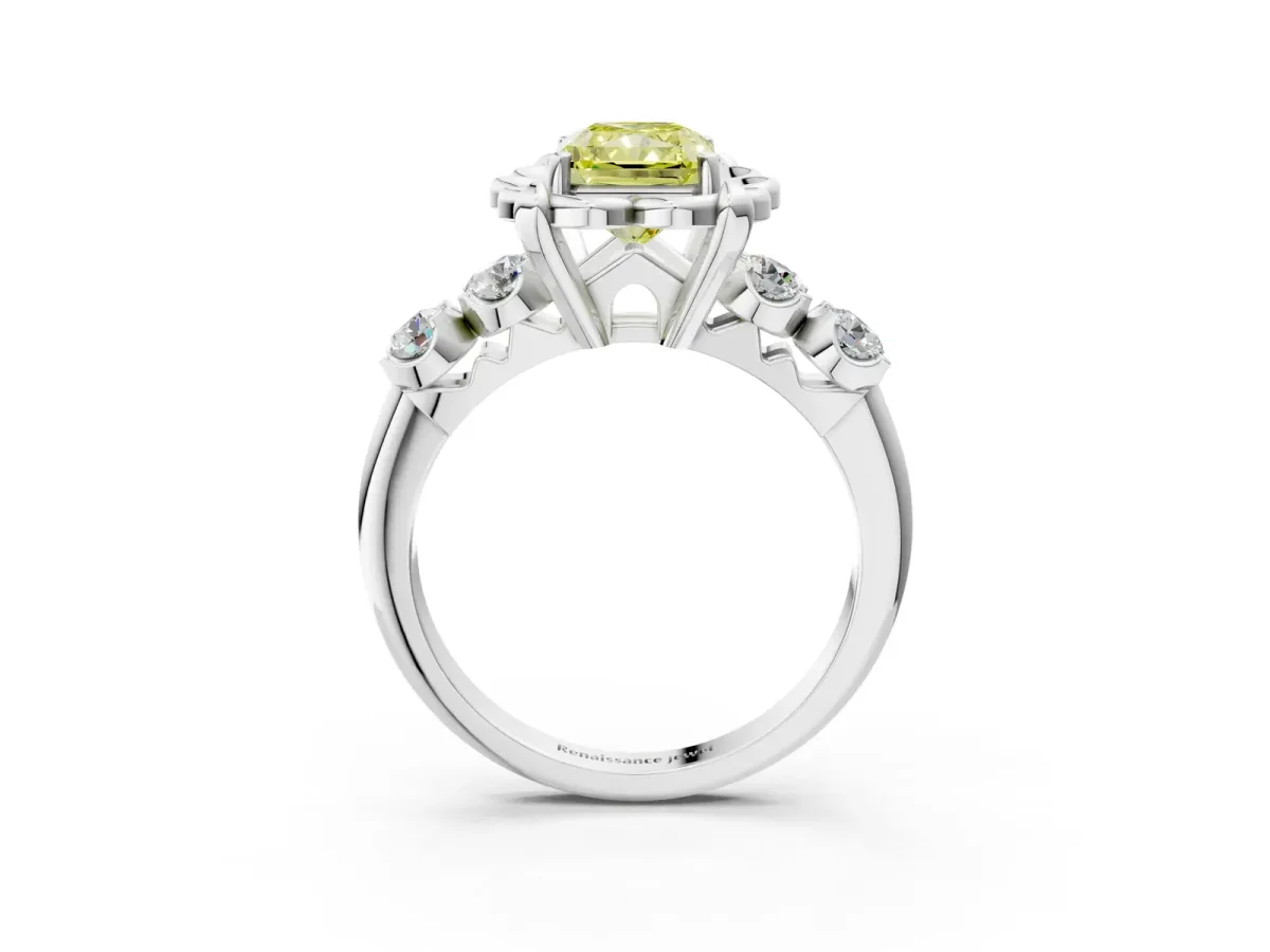 Fancy Yellow Radiant Cut Cut Diamond Floral Halo Engagement Ring with Shared Prong Setting Silver