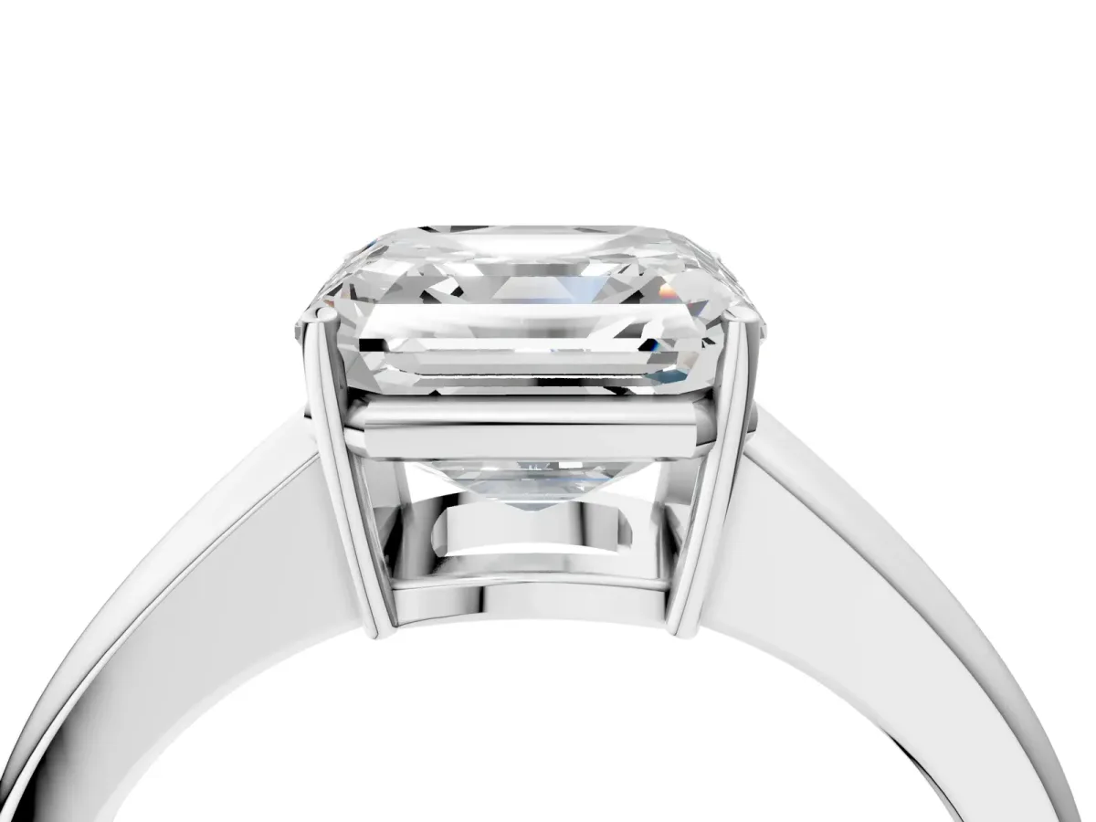 Asscher Cut Solitaire Diamond Ring with Tapered Band and Four-Prong Setting Platinum