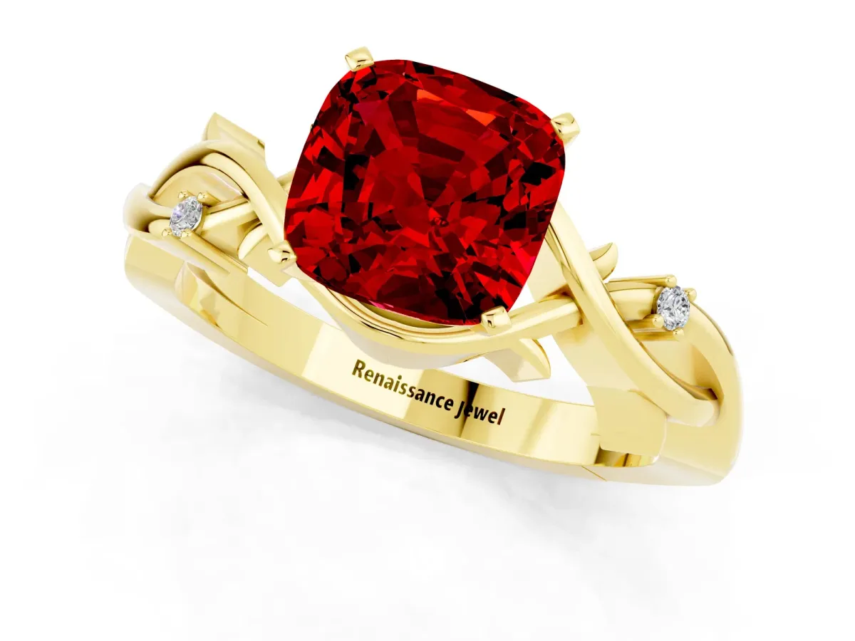 Cushion Cut Ruby Solitaire Ring with Twisted Band and Prong Setting Yellow gold