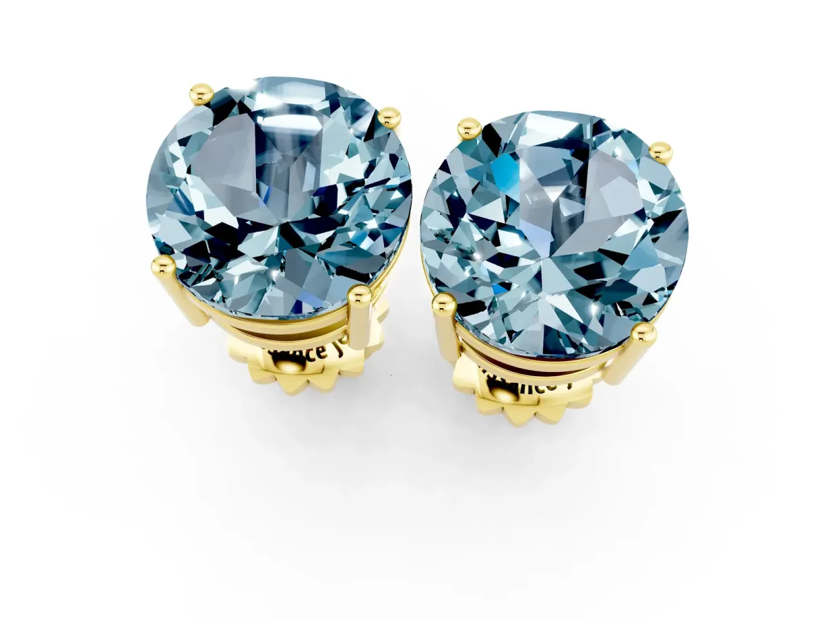 Round Cut Aquamarine Stud Earrings Yellow gold