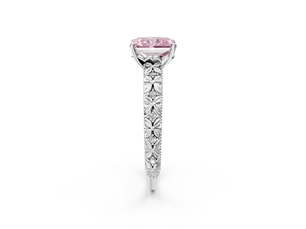 Fancy Pink Radiant Cut Solitaire Floral Milgrain Engagement Ring Platinum