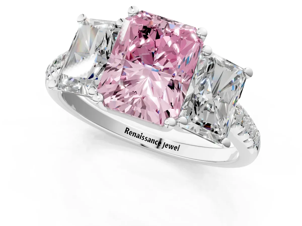 Fancy Pink Three-Stone Radiant Cut Diamond Ring with Round Pavé Band and Prong Setting Silver