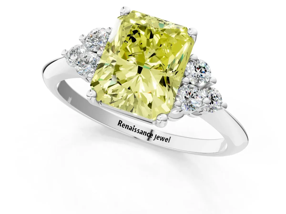 Fancy Yellow Radiant Cut Cut Diamond Cluster Ring with Solitaire Band and Four-Prong Setting Platinum
