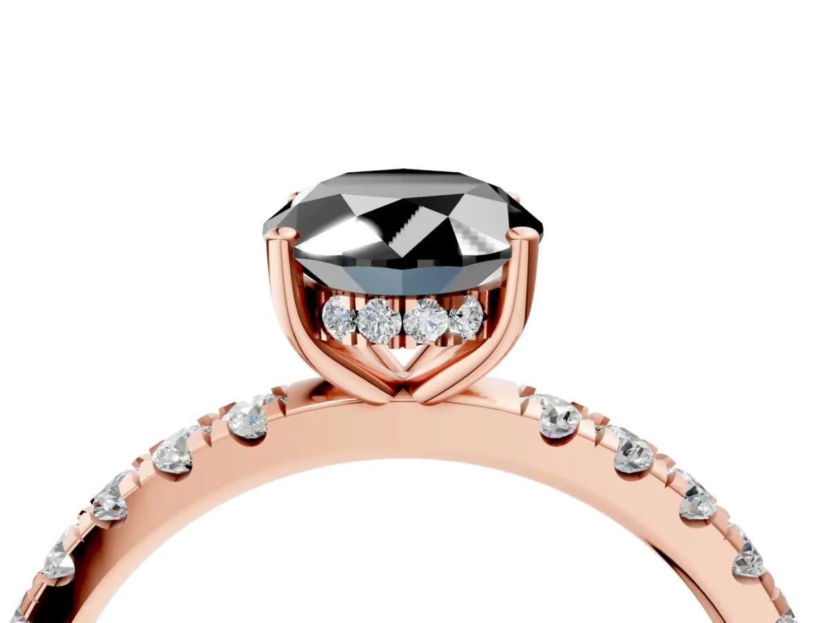 Fancy Black Oval Cut Diamond Pave Band Solitaire Ring with Round and Prong Setting Rose gold