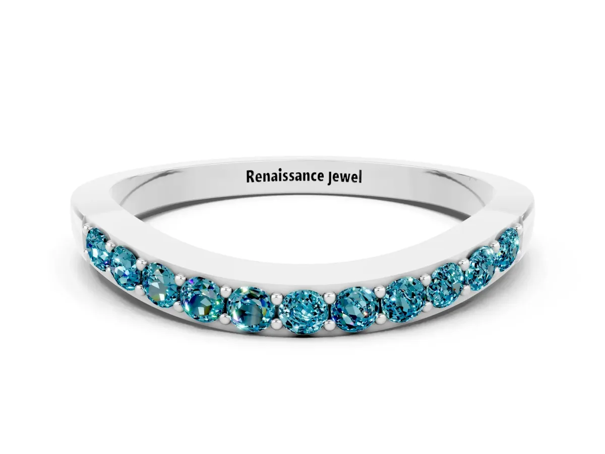 Round Blue Topaz Curved Wedding Band with Channel Setting Platinum