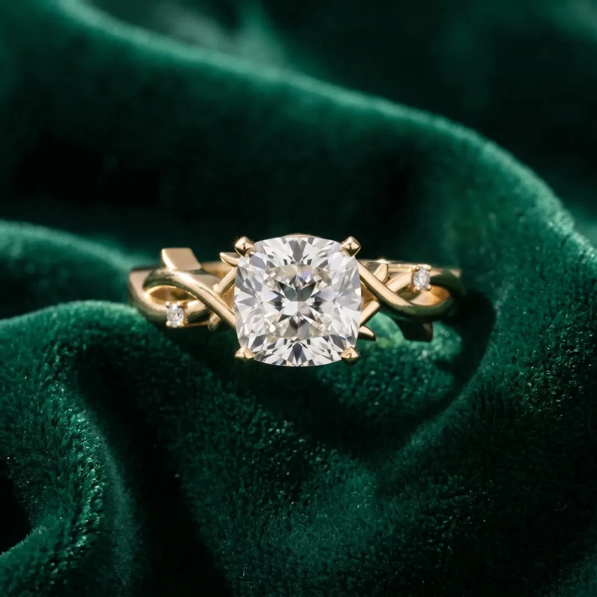 Cushion Cut Diamond Solitaire Ring with Twisted Band and Prong Setting Yellow gold