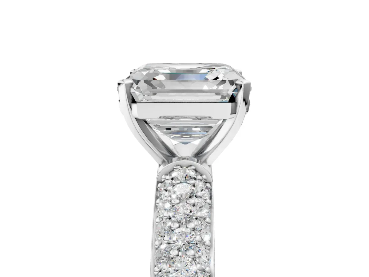 Asscher Cut Diamond Solitaire Ring with Prong Setting and Pavé Band Platinum