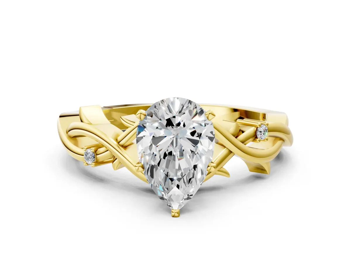 Pear Cut Diamond Solitaire Ring with Twisted Band and Prong Setting Yellow gold