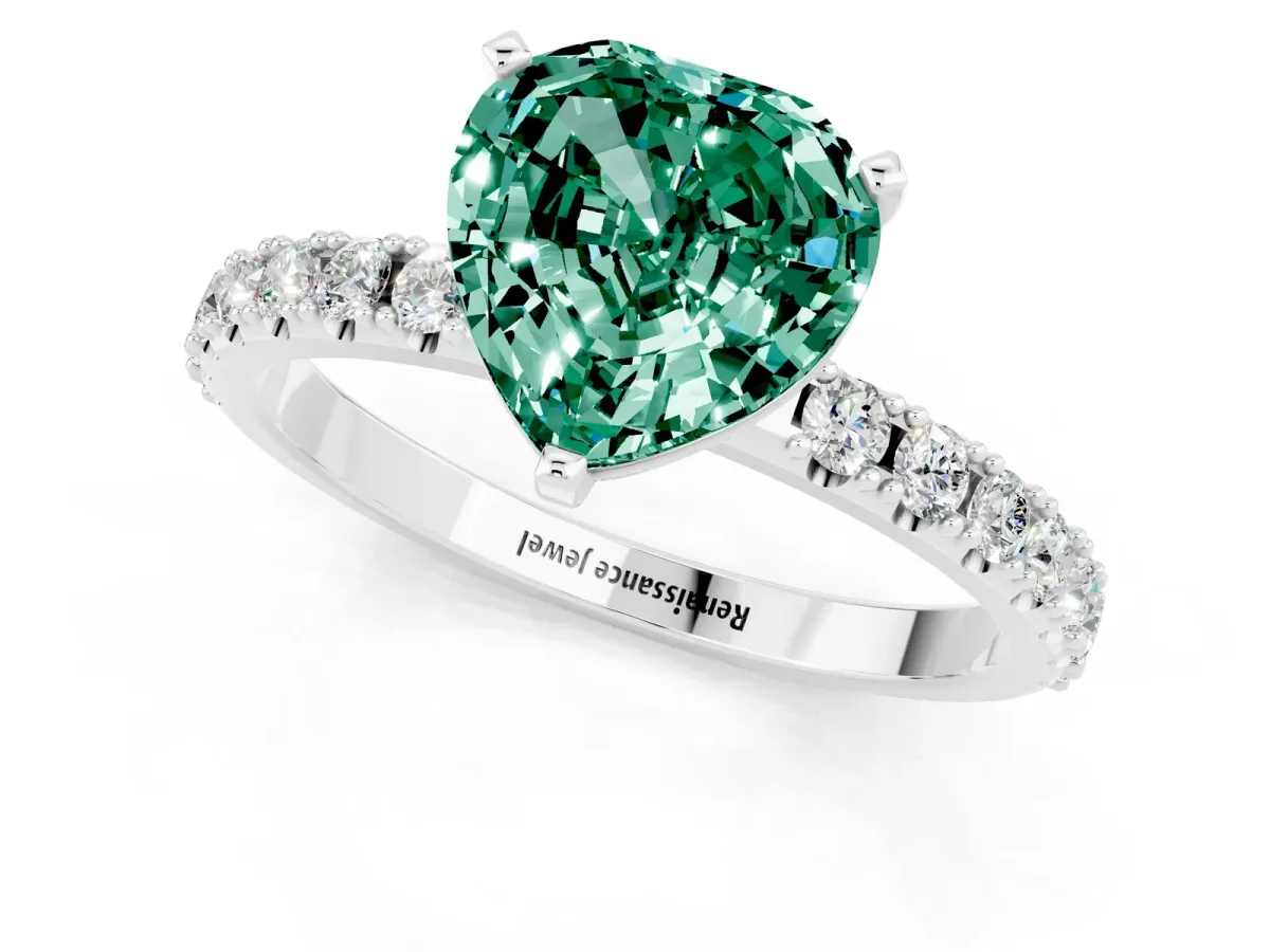 Heart Cut Green Sapphire Solitaire Pavé Band with Four-Prong Setting Silver