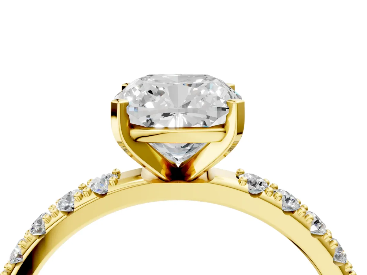Cushion Cut Diamond Solitaire Pavé Band with Four-Prong Setting Yellow gold