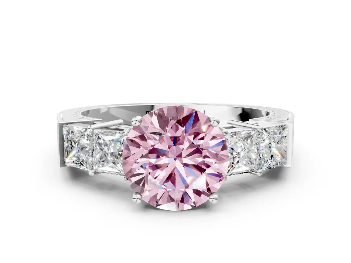 Fancy Pink Round Cut Solitaire Princess Side Stone Engraved Band Prong Setting Ring White gold