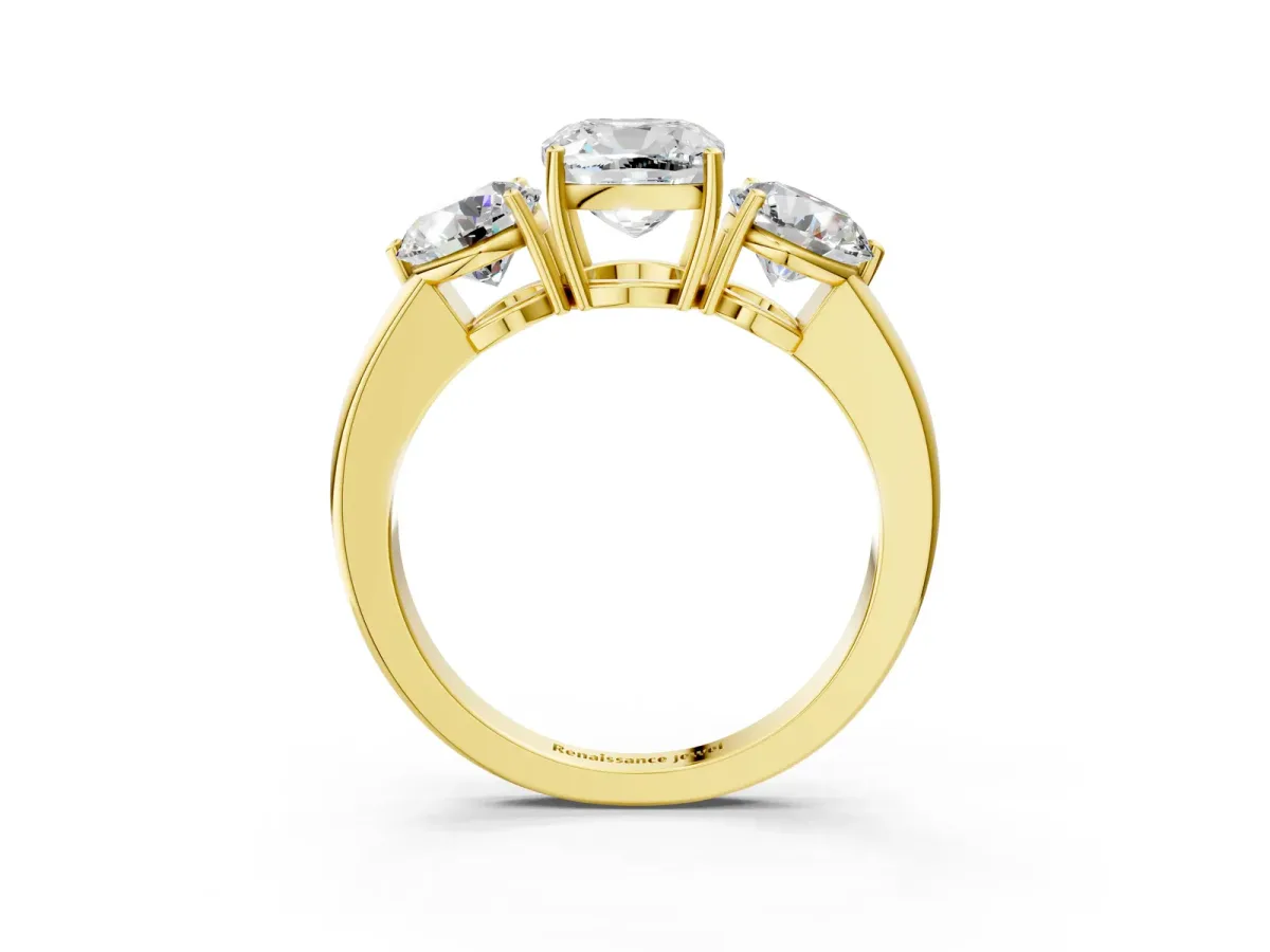 Cushion Cut Diamond Three-Stone Ring with Prong Setting and Classic Band Yellow gold