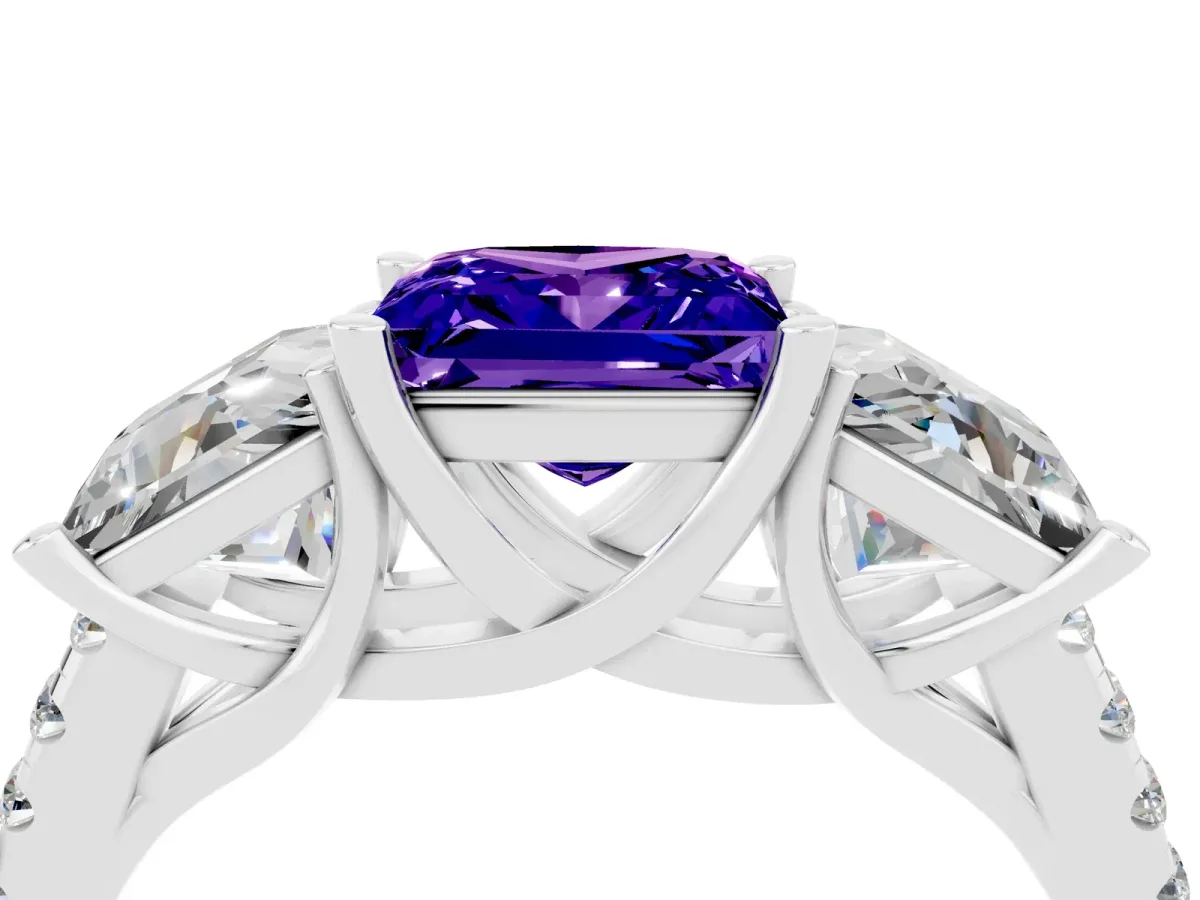 Three-Stone Princess Cut Tanzanite Ring with Round Pavé Band and Prong Setting Silver
