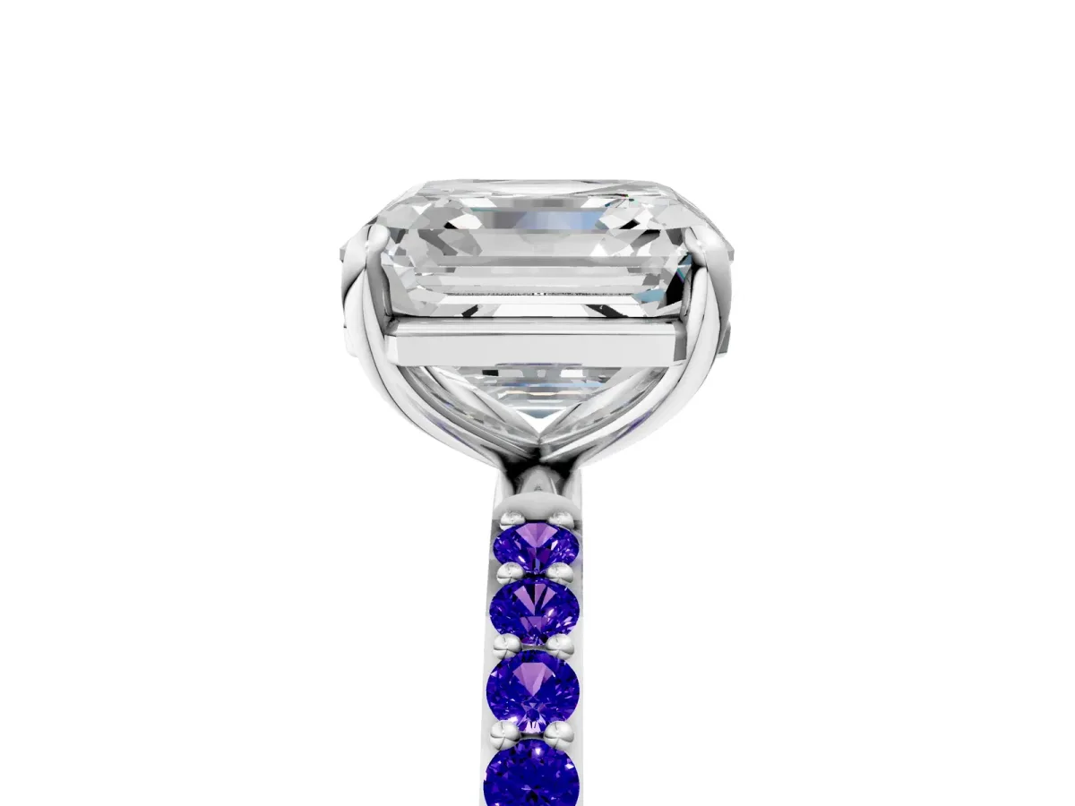 Asscher Cut Diamond Solitaire Ring with Round Tanzanite Pavé Band and Prong Setting Silver