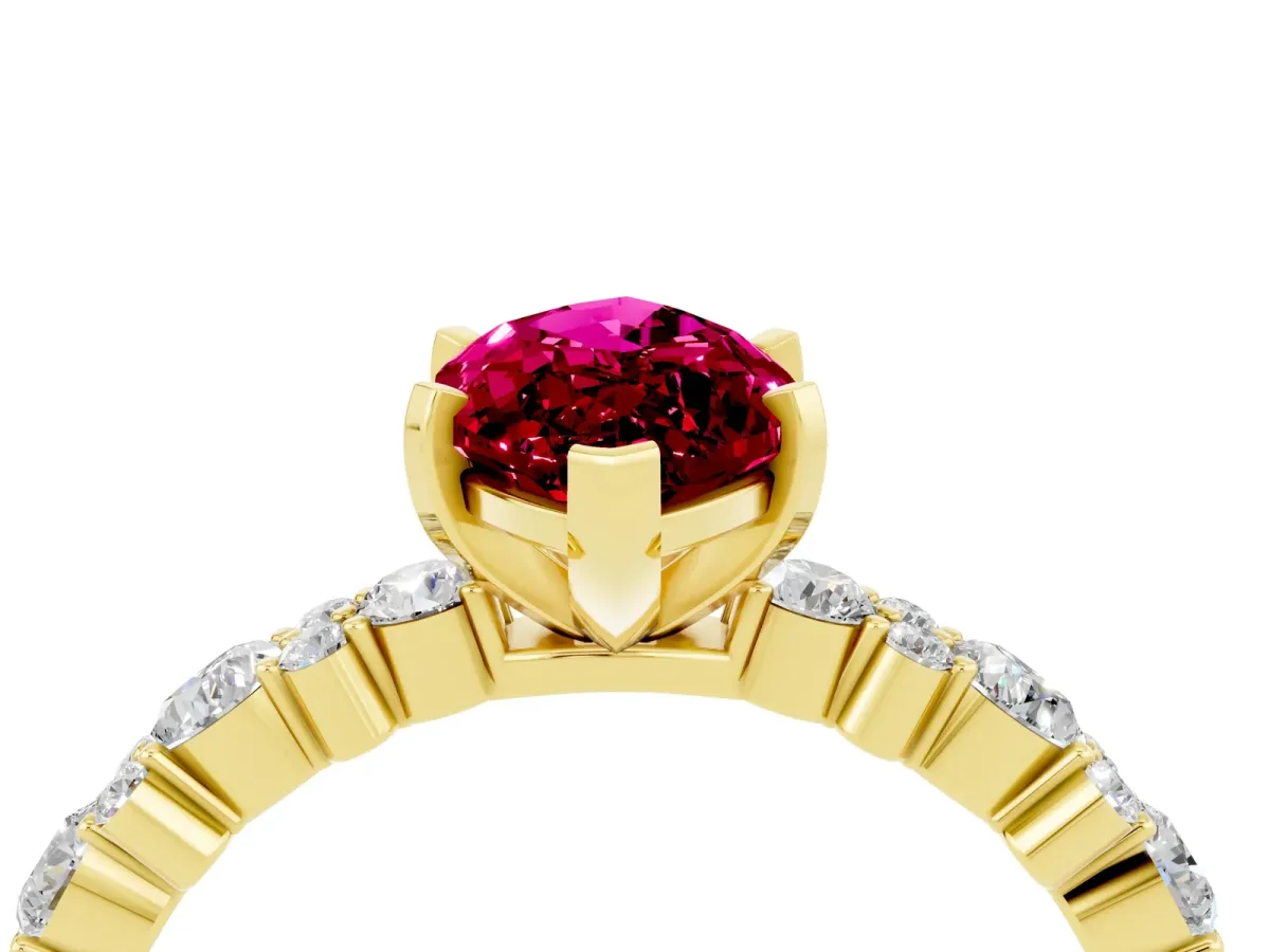 Marquise Cut Garnet Side Stone Solitaire Ring with Round and Four-Prong Setting Yellow gold