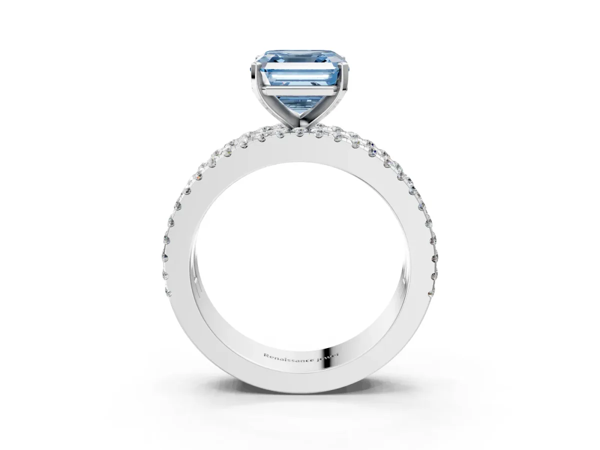 Fancy Blue Asscher Cut Diamond Solitaire Ring with Pavé and Channel Set Band Platinum