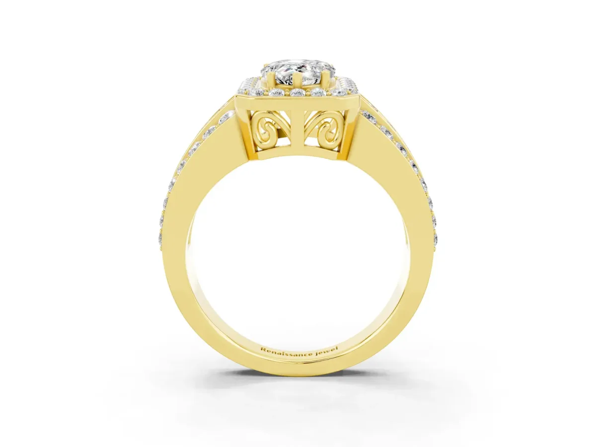 Pear Cut Halo Moissanite Ring with Round Split Shank and Prong Setting Yellow gold