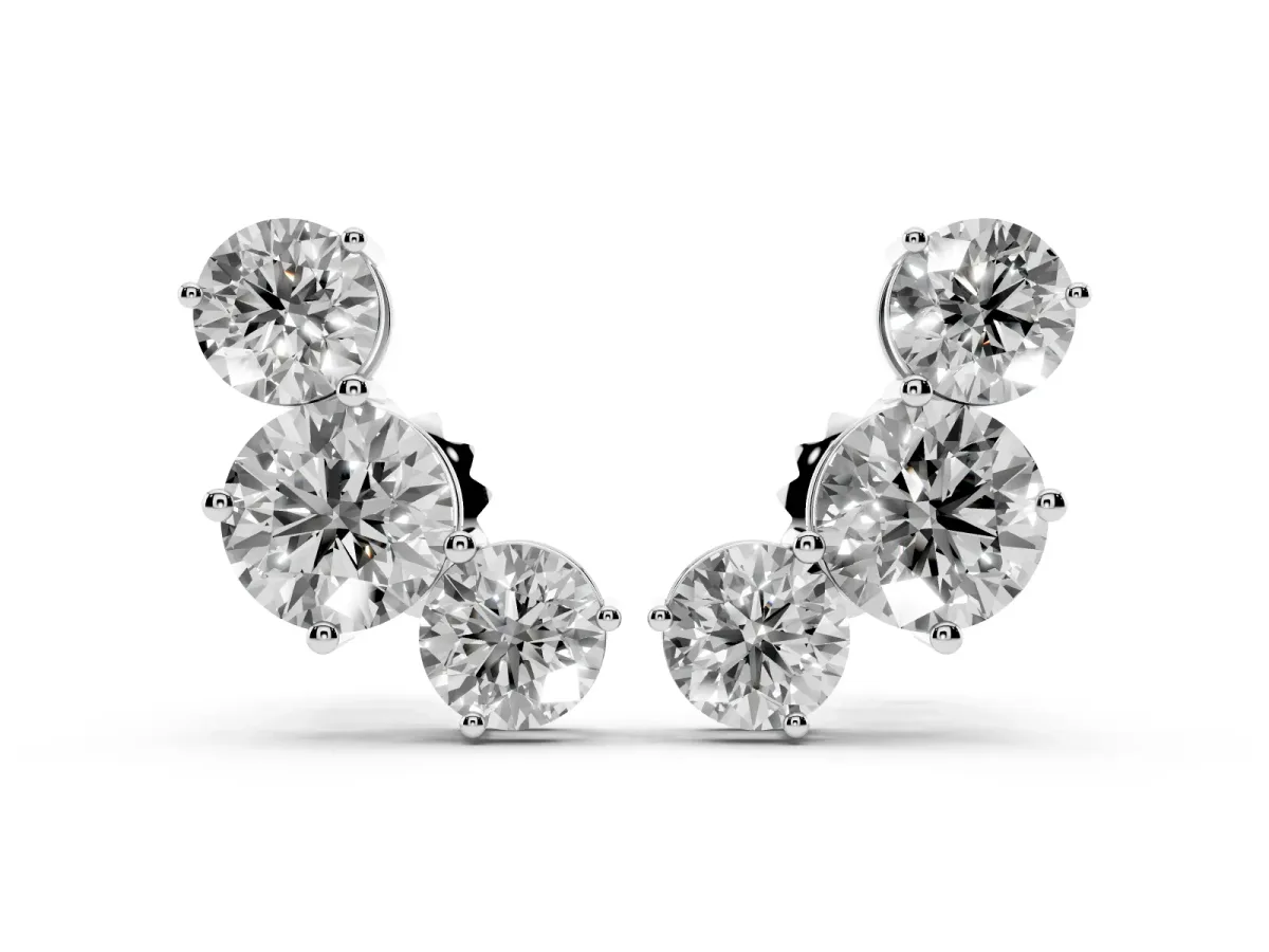 Round Cut Diamond Graduated Three-Stone Stud Earrings White gold