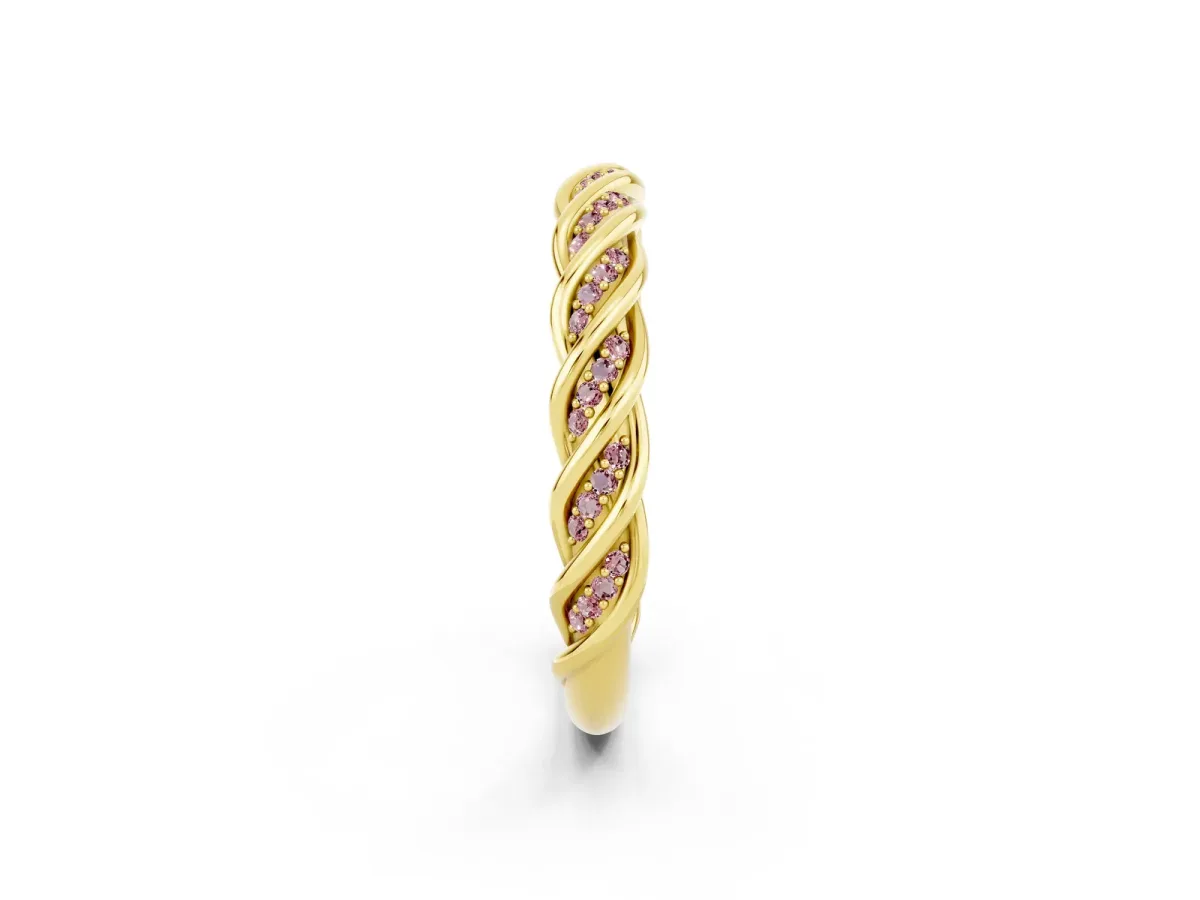 Twisted Pavé Round Morganite Eternity Band with Shared Prong Setting Yellow gold