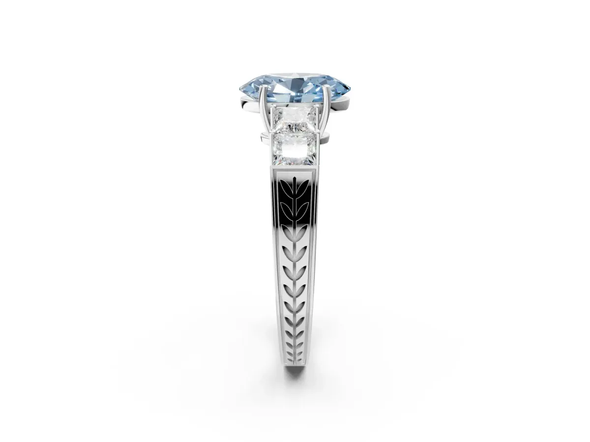 Fancy Blue Oval Cut Solitaire Princess Side Stone Engraved Band Prong Setting Ring Silver