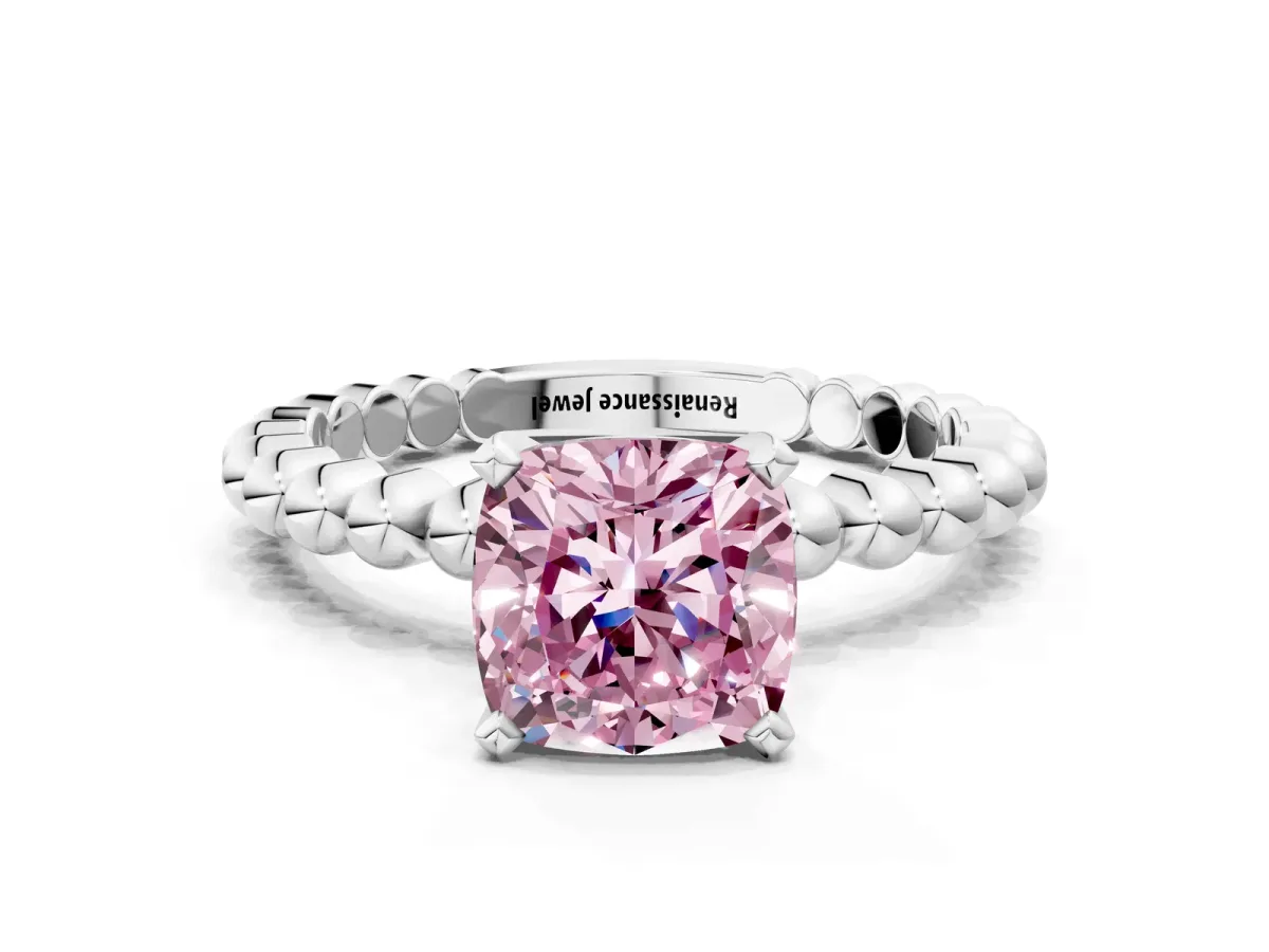 Fancy Pink Cushion Cut Diamond Solitaire Ring with Beaded Band and Prong Setting Silver