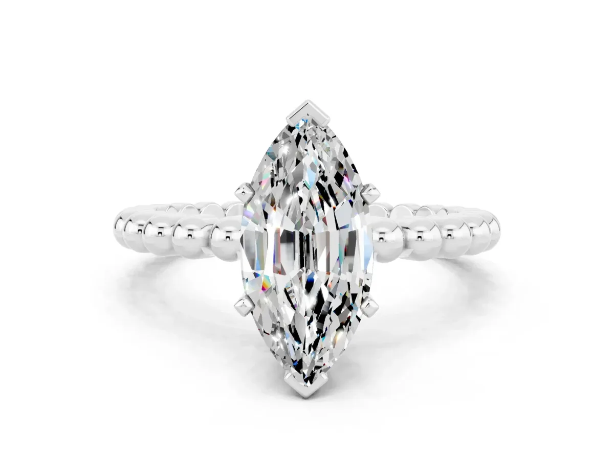 Marquise Cut Moissanite Solitaire Ring with Beaded Band and Prong Setting Silver