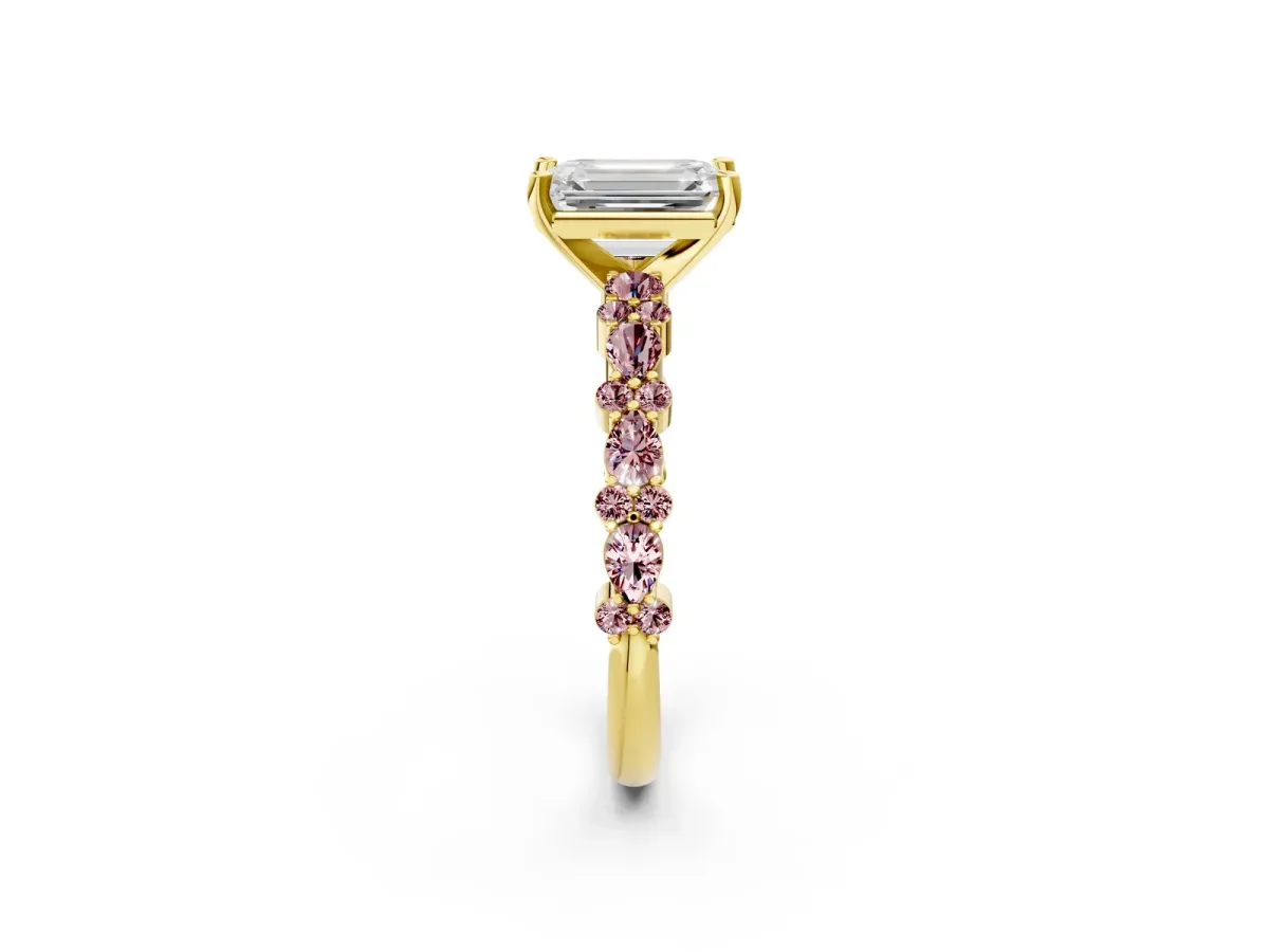 Emerald Cut Diamond Side Stone Solitaire Ring with Round Morganite and Four-Prong Setting Yellow gold
