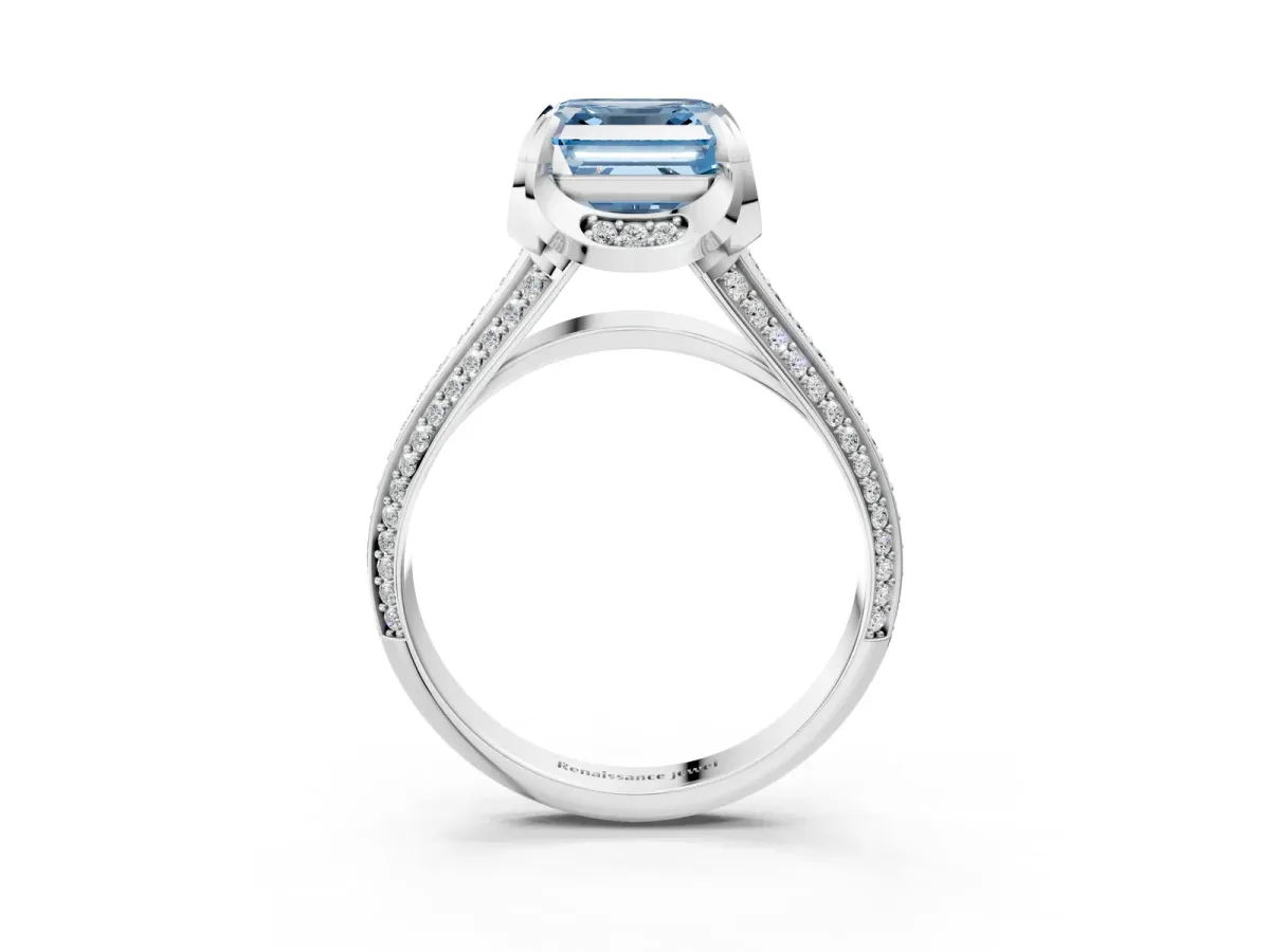 Fancy Blue Asscher Cut Solitaire Pave Split Shank Ring with Four-Prong Setting Platinum