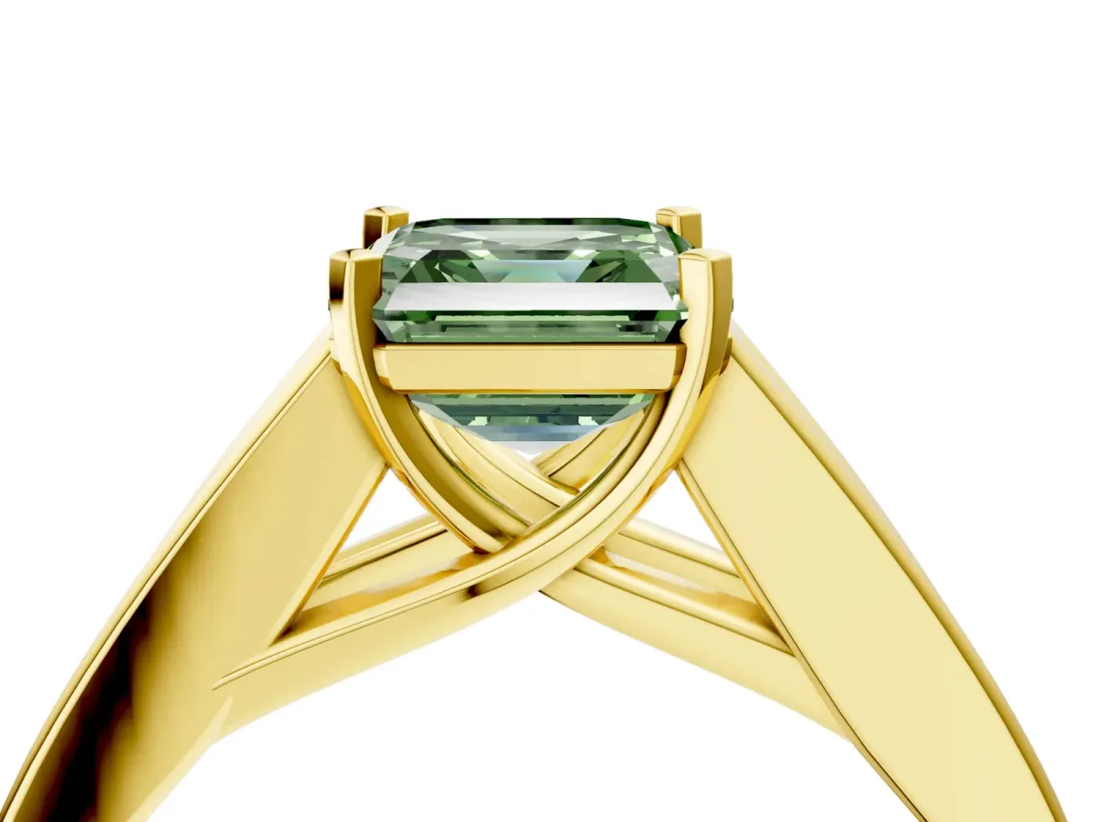 Fancy Green Asscher Cut Cut Channel Set Solitaire Ring with Four-Prong Setting Yellow gold