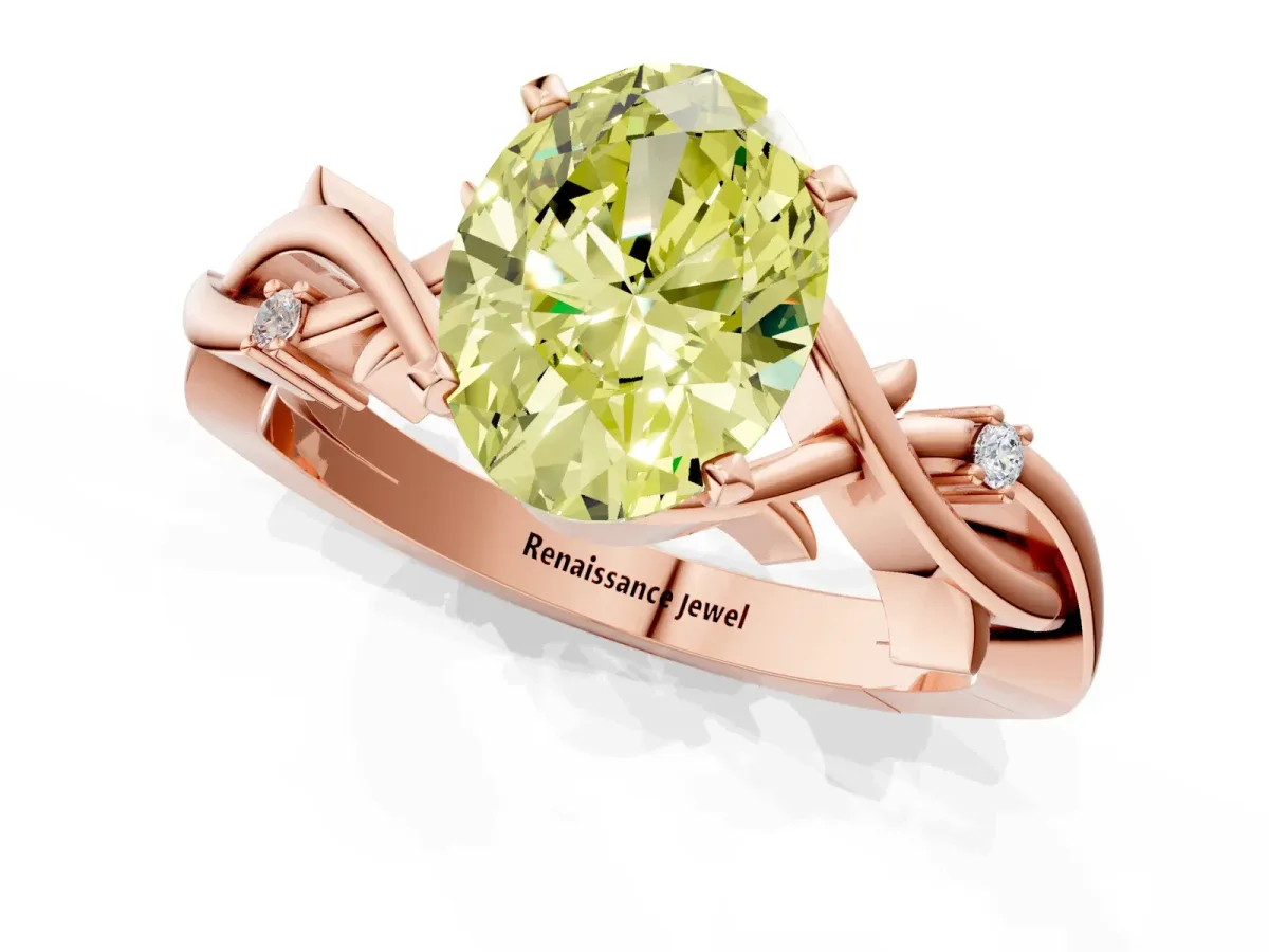 Fancy Yellow Oval Cut Diamond Solitaire Ring with Twisted Band and Prong Setting Rose gold