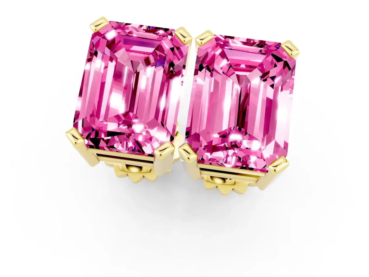 Emerald Cut Pink Sapphire Stud Earrings Yellow gold