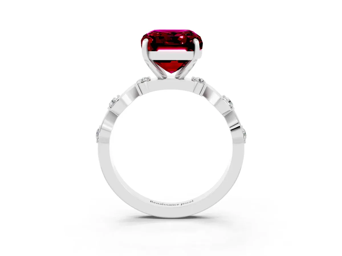 Emerald Cut Garnet Solitaire Twisted Band with Round Accents and Prong Setting Silver