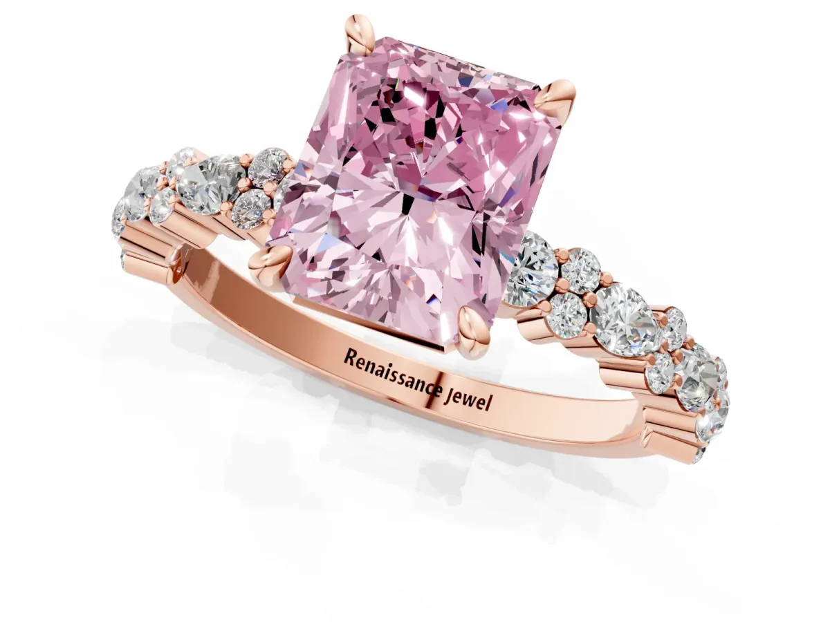 Fancy Pink Radiant Cut Diamond Side Stone Solitaire Ring with Round and Four-Prong Setting Rose gold