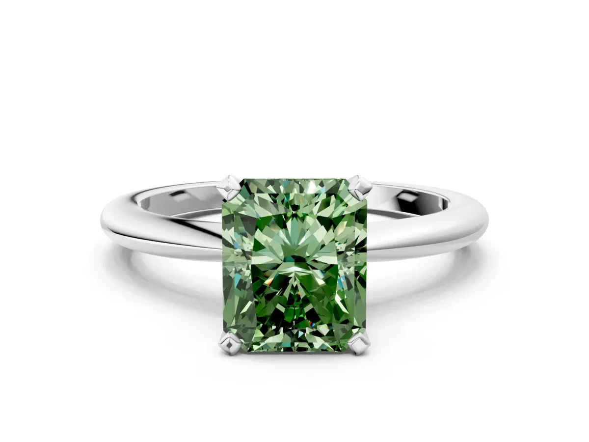Fancy Green Radiant Cut Diamond Solitaire Ring with Six-Prong Setting and Classic Band Silver
