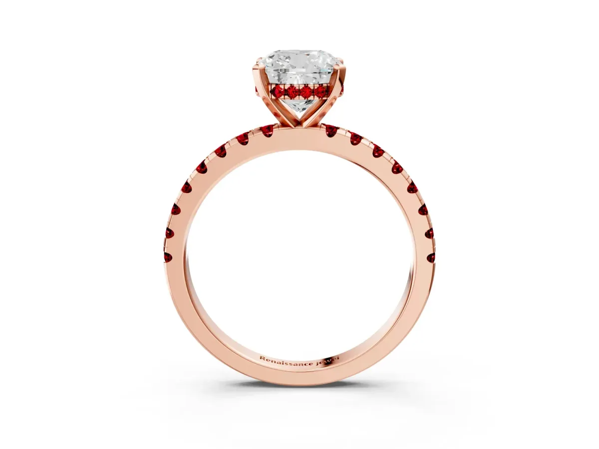 Cushion Cut Diamond Solitaire Ring with Round Ruby Pavé Band and Four-Prong Setting Rose gold