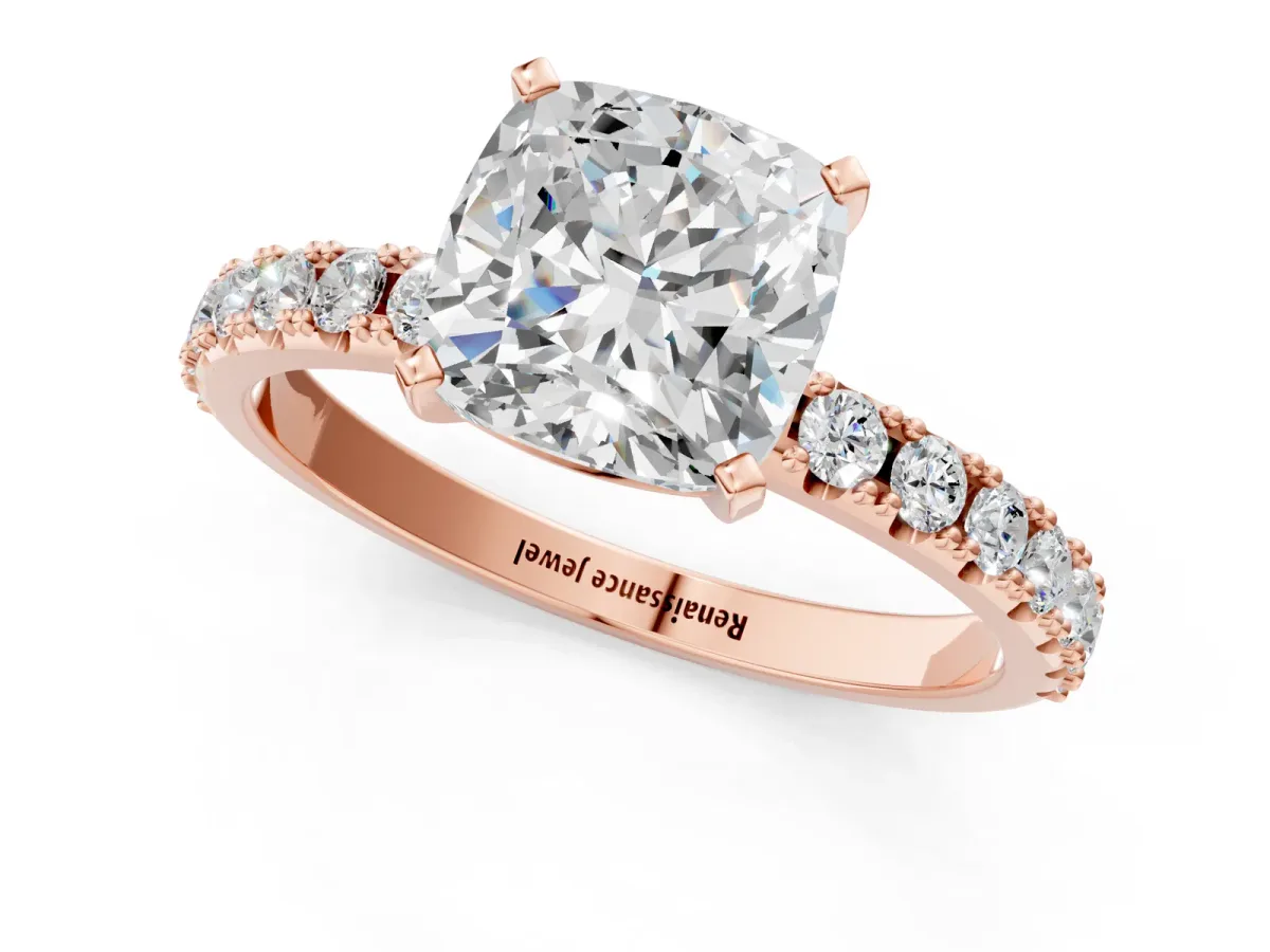 Cushion Cut Diamond Solitaire Pavé Band with Four-Prong Setting Rose gold